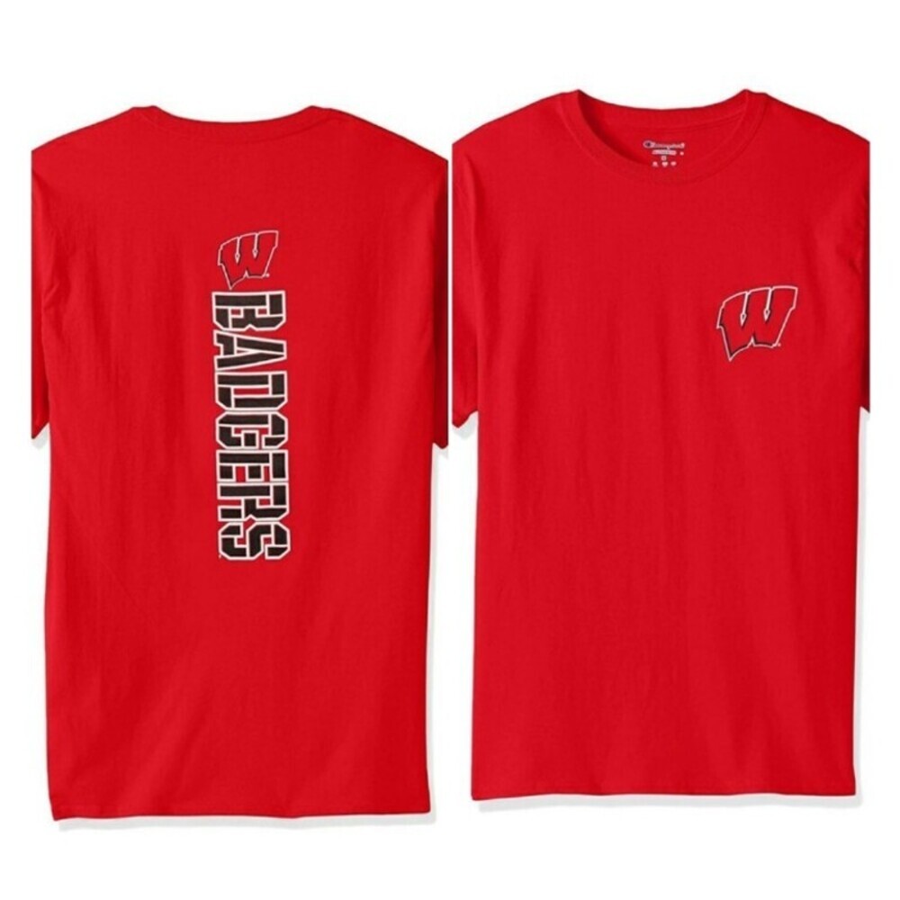 Wisconsin Badgers Mens Size L Champion Short Sleeve T-Shirt Adult Red 2 Sided